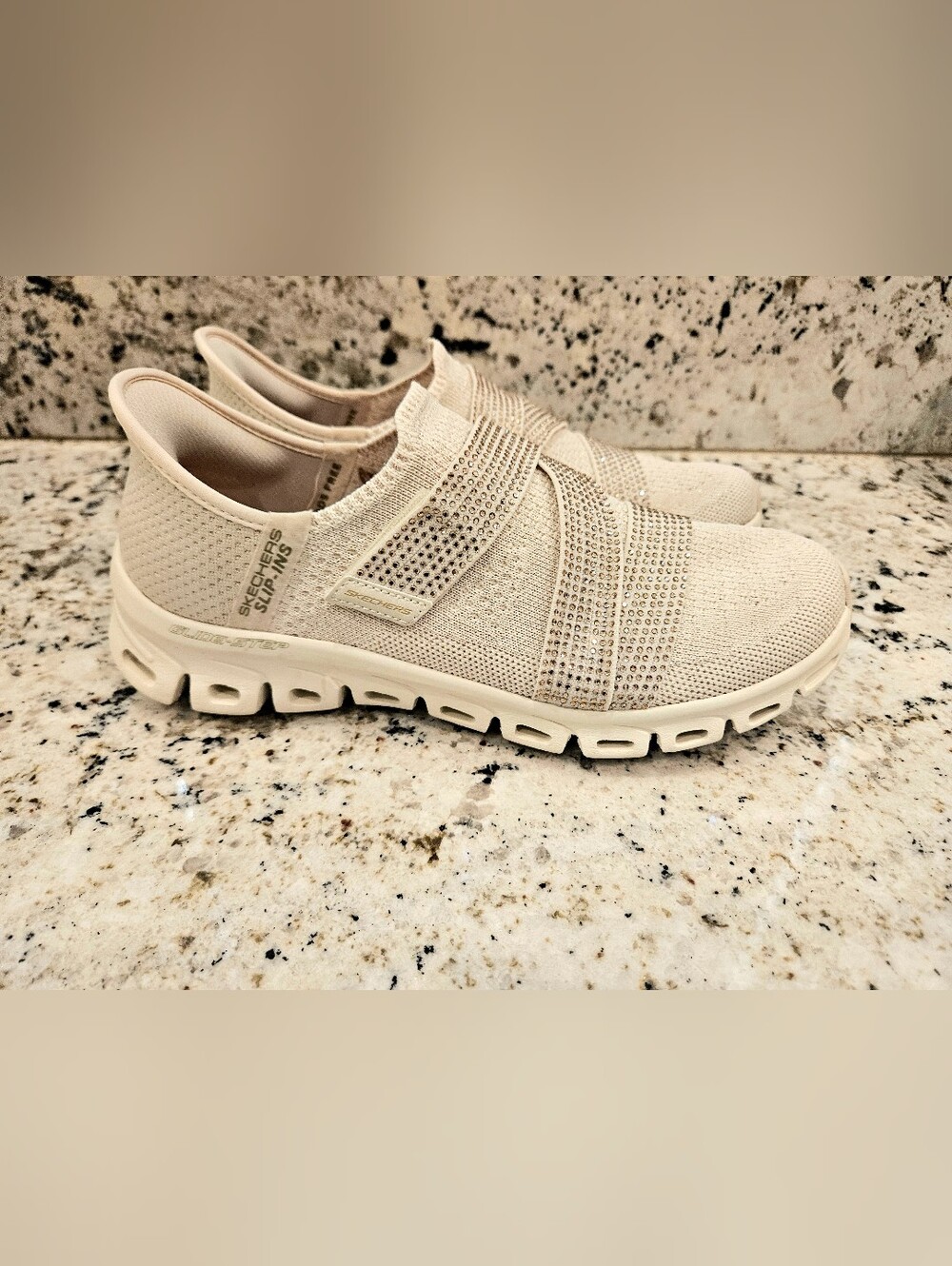 Skechers Slip-On Knit Athletic Sneakers in Cream with Rhinestone Straps